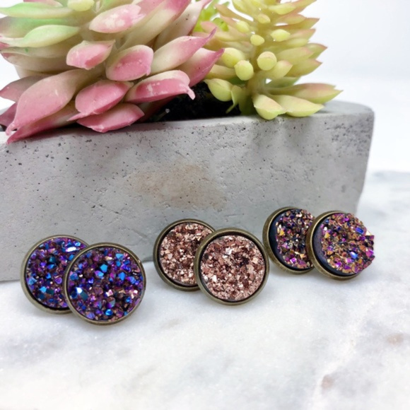 Metallic Bronze Champagne Druzy Studs - Picture 2 of 2